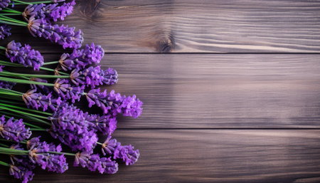 Lavender flowers on wooden background. Top view with copy spaceの素材