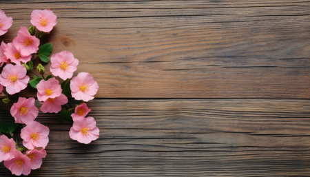 Beautiful pink flowers on wooden background, flat lay. Space for textの素材