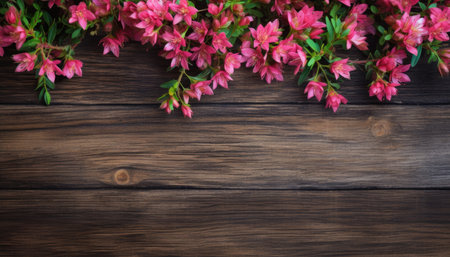 Rhododendron flowers on wooden background with copy space.の素材