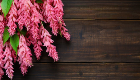 pink flowers on wooden background, top view with copy space.の素材