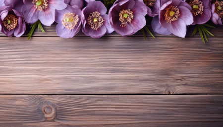 Bouquet of purple anemones on a wooden background.の素材
