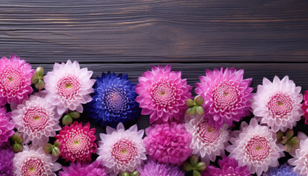 Colorful dahlia flowers on wooden background. Top view.の素材