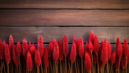 Red cockscomb flowers on wooden background. Top view with copy spaceの素材