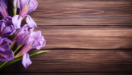 Purple iris flowers on wooden background. Space for text.の素材