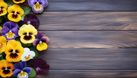 Colorful pansy flowers on wooden background. Copy space for text.の素材