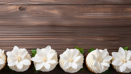 Delicious cupcakes with white flowers on wooden table, top viewの素材