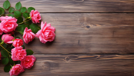 Pink roses on wooden background. Top view with copy space for your textの素材