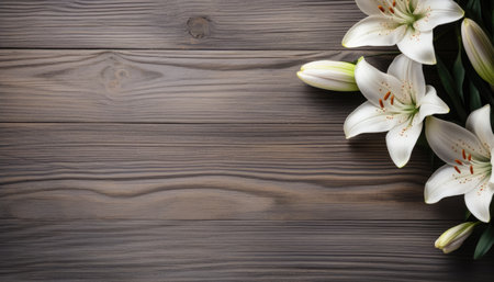 White lily flowers on wooden background. Top view with copy spaceの素材