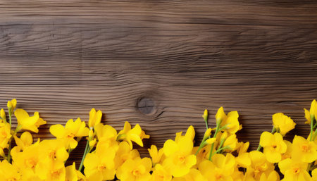 Yellow freesia flowers on wooden background. Top view with copy spaceの素材