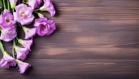 Beautiful bouquet of purple freesia flowers on wooden backgroundの素材
