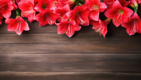 Beautiful Amaryllis flowers on wooden background. Space for textの素材