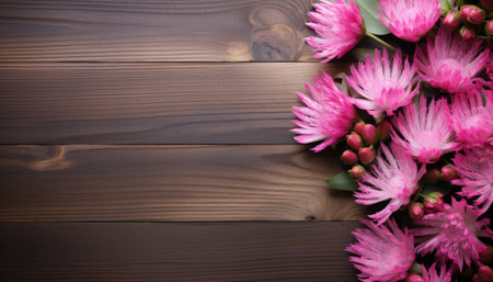 Pink cornflowers on wooden background. Top view with copy spaceの素材