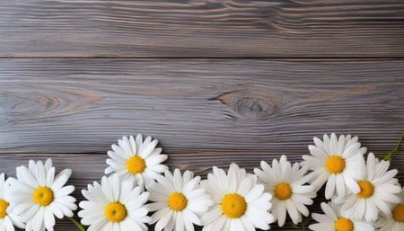 White daisies on wooden background. Top view with copy spaceの素材