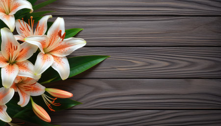 Beautiful lily flowers on wooden background. Top view with copy spaceの素材