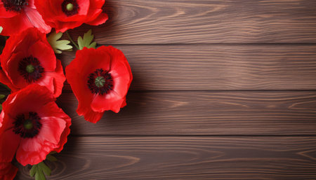 Red poppies on wooden background. Top view with copy spaceの素材