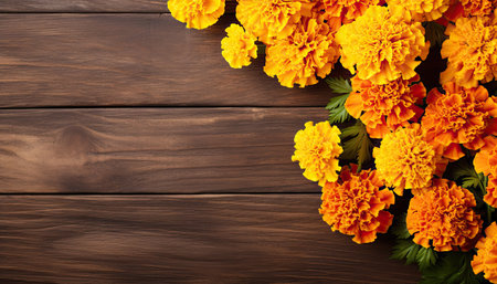 Marigold flowers on wooden background. Top view with copy spaceの素材