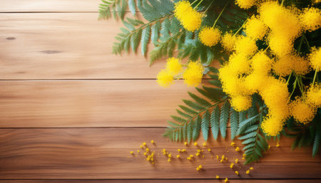 Bouquet of mimosa flowers on a wooden background, copy spaceの素材