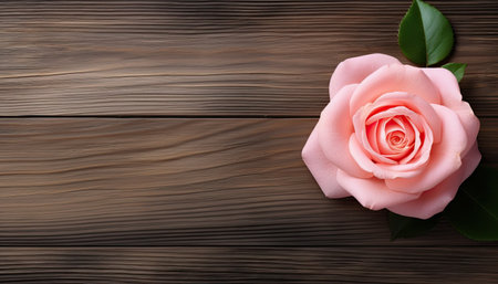 Pink rose on wooden background. Top view with copy space for your textの素材
