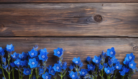 Beautiful blue flowers on wooden background. Flat lay, top view.の素材