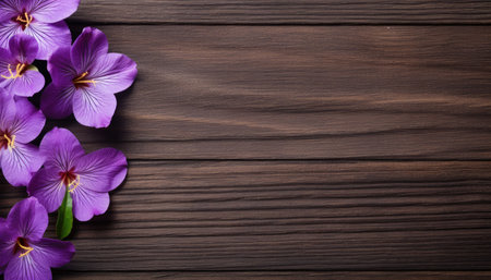Purple flowers on wooden background with copy space for your text.の素材