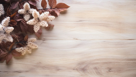 Autumn leaves on wooden background. Top view with copy space.の素材