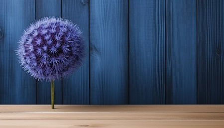 Purple dandelion flower on wooden table against blue wooden planksの素材