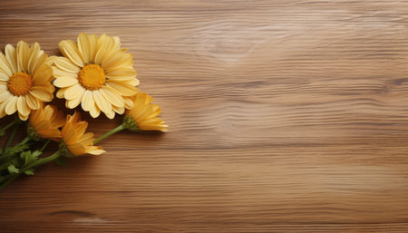 Yellow chrysanthemum flowers on wooden background with copy spaceの素材