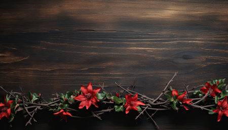 Christmas background with poinsettia flowers on dark wooden board.の素材