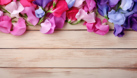 Colorful petals on wooden background. Top view with copy spaceの素材