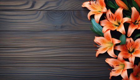 Orange lilies on wooden background. Top view with copy space.の素材