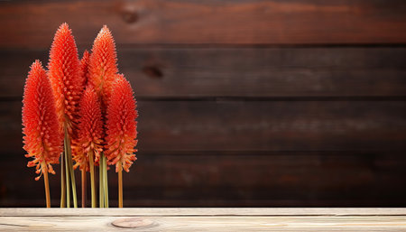 Red flowers on wooden table in front of wooden wall. Space for textの素材