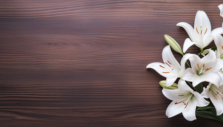 White lily flowers on wooden background. Top view with copy spaceの素材