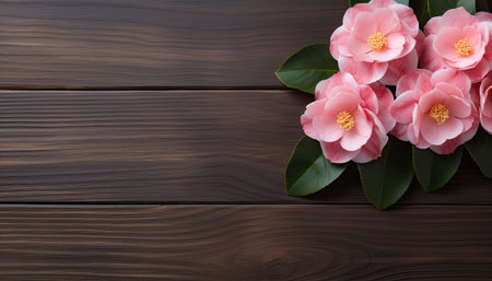 Camellia flowers on wooden background. Top view with copy spaceの素材