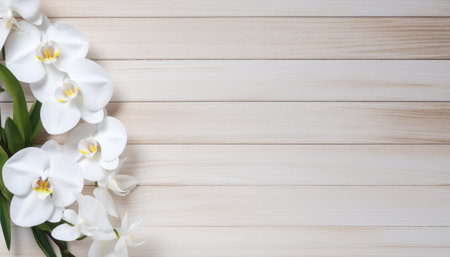 White orchid flowers on wooden background with copy space. Top viewの素材