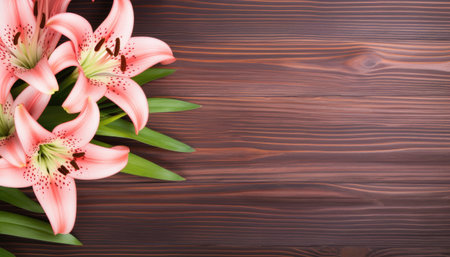 Pink lily flowers on wooden background. Top view with copy spaceの素材