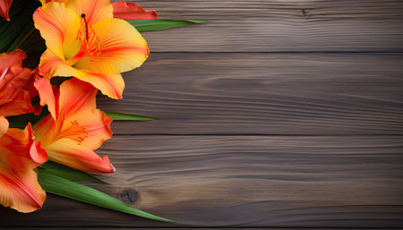 Orange lily flowers on wooden background. Top view with copy spaceの素材