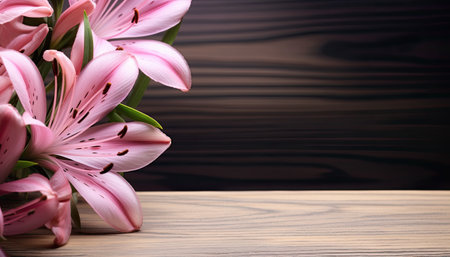 Pink lily flowers on wooden background. Copy space for text.の素材