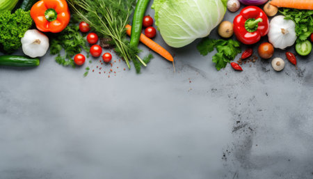 Fresh vegetables on a gray background. Top view, copy space.の素材