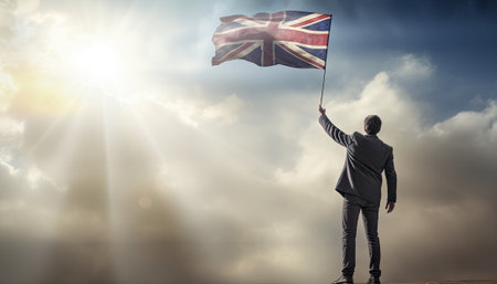 Businessman standing on the top and holding a United Kingdom flag in his handの素材