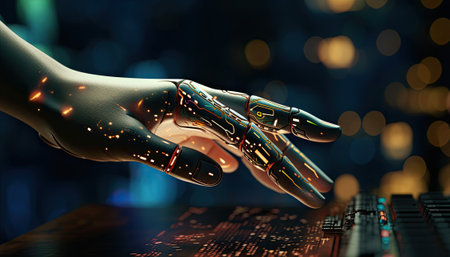 Robot hand on dark background close up 3d rendering toned imageの素材