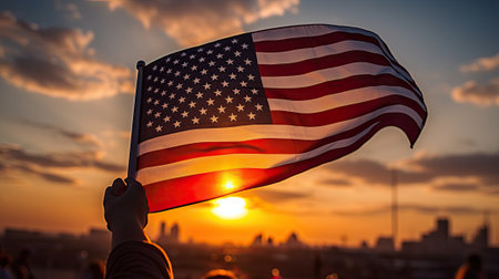 American flag in the hand of a man against the background of the sunsetの素材