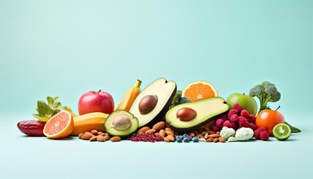 Fruits and vegetables on color background with copy space for text. Healthy food conceptの素材