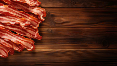 Slices of bacon on wooden background. Top view with copy spaceの素材