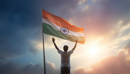 Man waving indian flag against blue and orange sky with white cloudsの素材