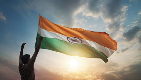 Happy man holding indian flag in the sunset sky. Freedom and patriotism concept.の素材
