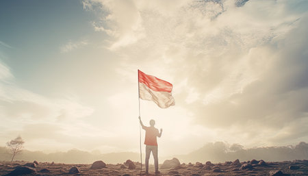 Man waving Indonesian flag on the top of the mountain. 3d Renderingの素材