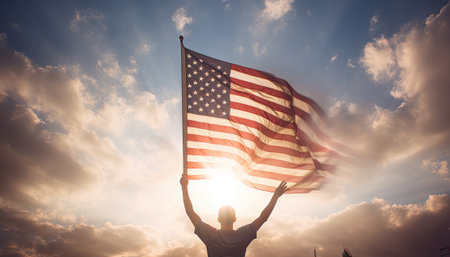 Man holding the american flag against blue sky with sunbeamsの素材
