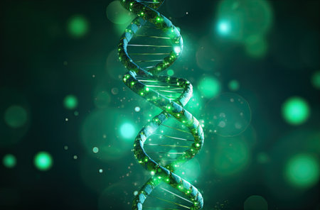 DNA helix on green bokeh background. 3d illustrationの素材