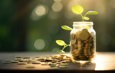 Investment concept, Coins in the glass jar with nature background.の素材