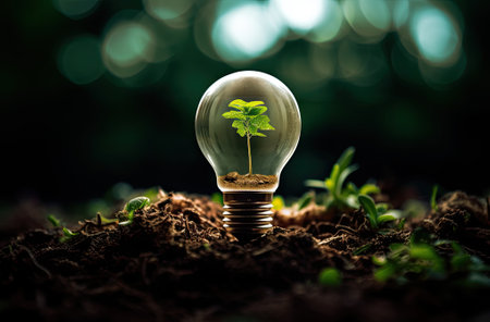 Green sprout growing inside of light bulb. Ecology and environment concept.の素材